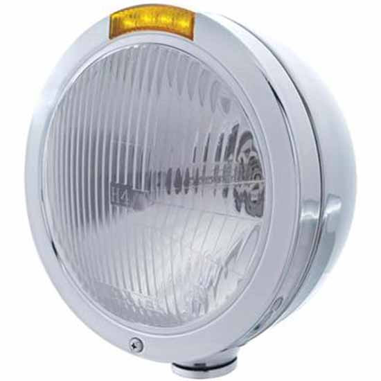 Stainless Steel Bullet Classic Headlight W/ H4 Bulb, 4 LED Turn Signal Light