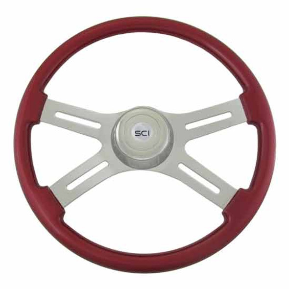 18 Inch Chrome 4 Spoke Red Painted Wood Steering Wheel With Chrome Bezel & Horn
