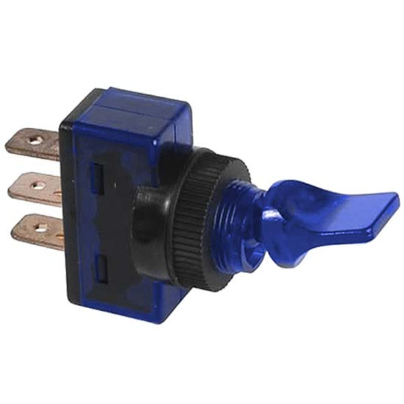 Blue Illuminated Duckbill Toggle Switch, 20A At 12V, 3 Terminals W/ .250 Tabs For 1/2 Inch Hole Blue Illuminated Duckbill Toggle Switch, 20A At 12V, 3 Terminals W/ .250 Tabs For 1/2 Inch Hole