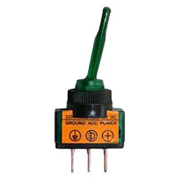 Green Illuminated Toggle Switch, 20A At 12V, 3 Terminals W/ .250 Tabs For 1/2 Inch Hole Green Illuminated Toggle Switch, 20A At 12V, 3 Terminals W/ .250 Tabs For 1/2 Inch Hole