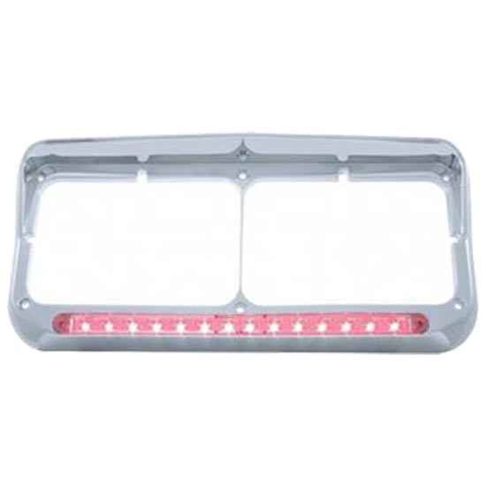 Chrome Rectangular Dual Headlight Bezel W/ 14 LED Light Bar & Visor - Red LED/ Clear Lens For Freightliner, Kenworth, Peterbilt & Western Star