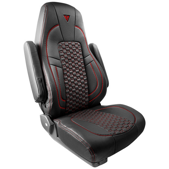 High Back Faux Leather Seat Cover W/ Back Pocket Sleeve And Red Stitching For Freightliner Cascadia