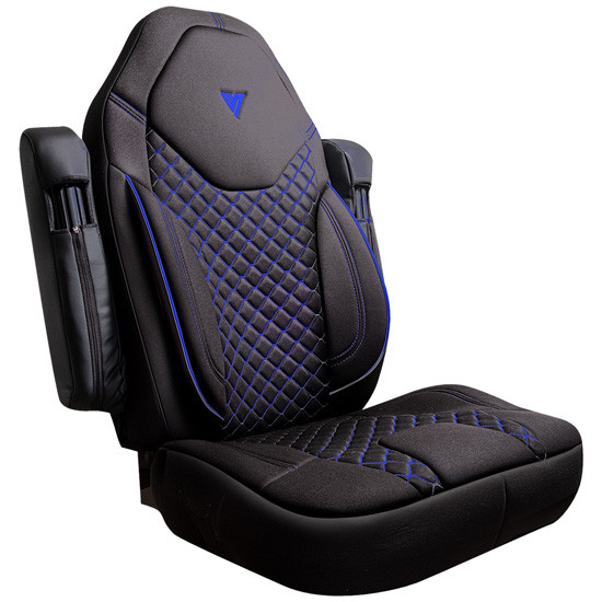 Low Back Black Cloth Seat Cover, 31 Inch W/ Back Pocket Sleeve And Blue Stitching For Freightliner Cascadia