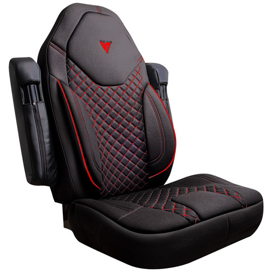 High Back Black Cloth Seat Cover, 33 Inch W/ Back Pocket Sleeve And Red Stitching For Freightliner Cascadia