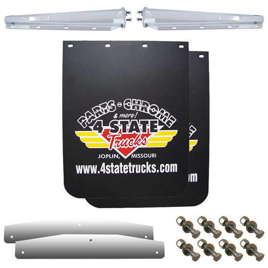 30 Inch SS Mud Flap Hanger Kit W/ Black 4 State Trucks Mud Flaps & SS Lower Weights
