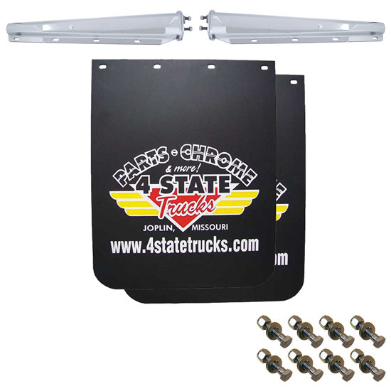 4 State Trucks 24 x 30 Inch Black Logo Mud Flap Kit W/ White Hangers, 2 Inch Bolt Pattern
