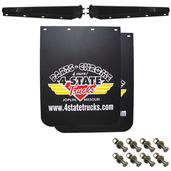 4 State Trucks 24 x 30 Inch Black Logo Mud Flap Kit W/ Black Hangers, 2 Inch Bolt Pattern 4 State Trucks 24 x 30 Inch Black Logo Mud Flap Kit W/ Black Hangers, 2 Inch Bolt Pattern