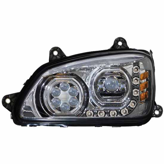 LED Chrome Headlight W/ Halo Position Rings & Bar, Driver Side For Kenworth T370, T440, T470, T660, T700