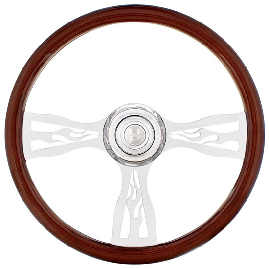 18 Inch Wood 3 Spoke Flame Steering Wheel With Hub & Horn For Freightliner