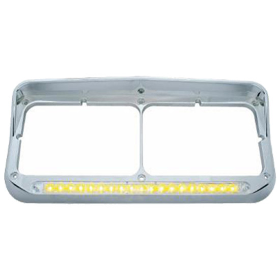 Chrome Rectangular Dual Headlight Bezel With Visor & 12 Inch LED Light Bar- Amber LED / Clear Lens