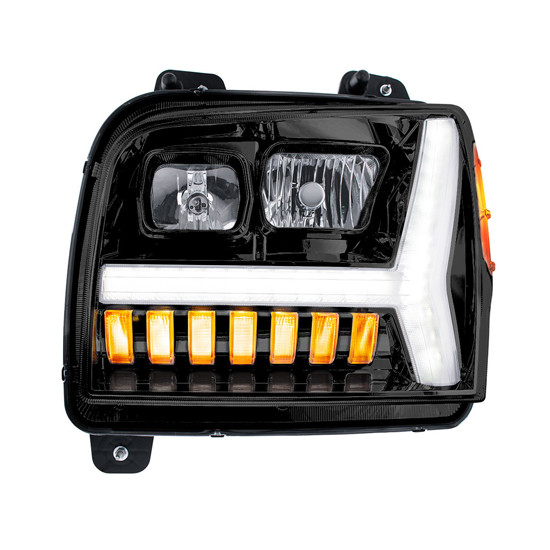 Black Headlight With LED Daytime Running Light Bar And Turn Signal, Driver Side For Kenworth W990