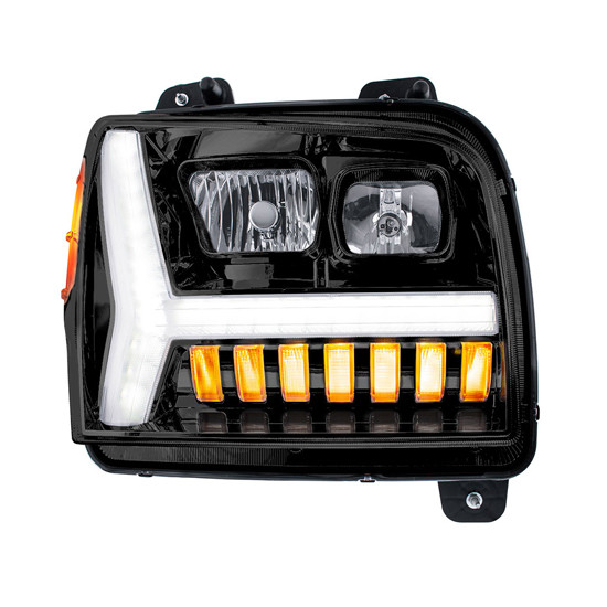 Black Headlight With LED Daytime Running Light Bar And Turn Signal, Passenger Side For Kenworth W990