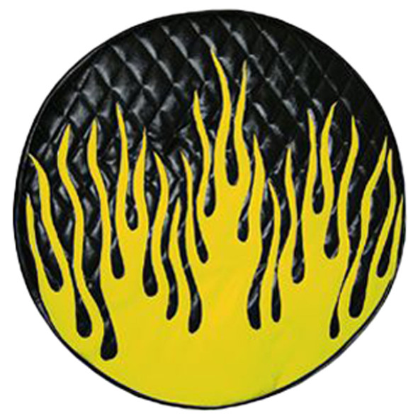 Robert James 26 Inch Black With Yellow Flames Quilted Vinyl Fuel Tank End Covers Robert James 26 Inch Black With Yellow Flames Quilted Vinyl Fuel Tank End Covers