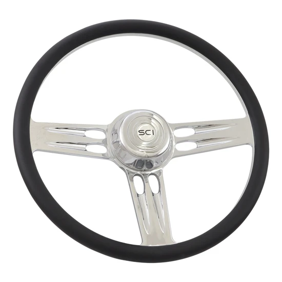 18 Inch Triple Threat Chrome 3 Spoke Half Wrap Black Leather Steering Wheel