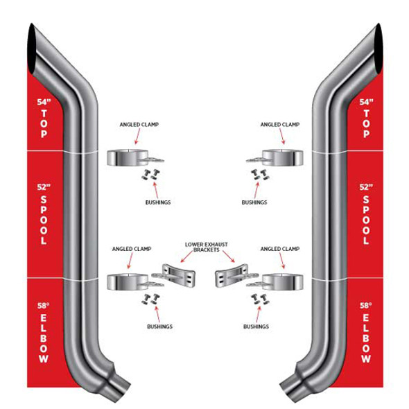54 Inch Chrome Bullhorn Stack Exhaust Kit With 52 Inch Middle Spools & 7 to 5 Inch 58 Degree Elbow For Peterbilt 357, 378, 359, 379, 389