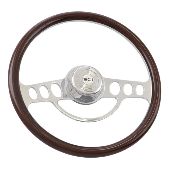 18 Inch The Caddy Steering Wheel W/ Wood Rim, Aluminum 2- Spoke, Chrome Bezel & Chrome Horn Button