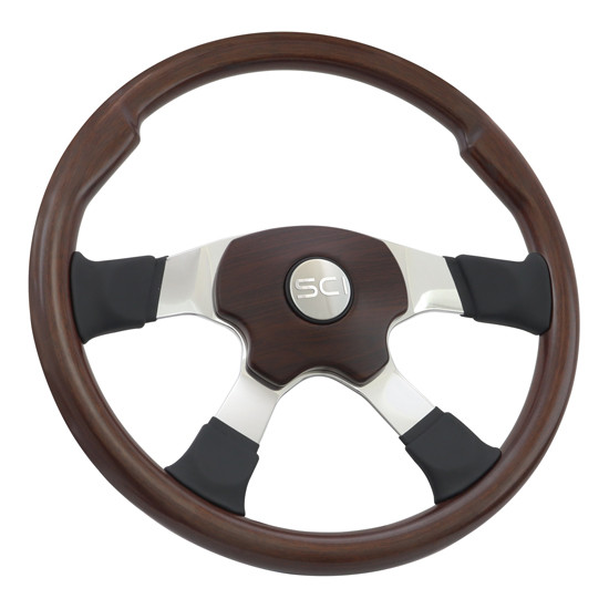 18 Inch Matte Mahogany Wood Steering Wheel With Leather Spats W/ Aluminum 4- Spoke, Mahogany Pad and Horn Button