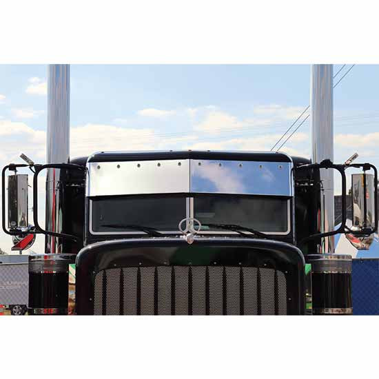 Roadworks 11 Inch Stainless Steel Darwin Drop Visor W/ 10 - 3/4 Inch Amber Lights & Clear Lens For Peterbilt