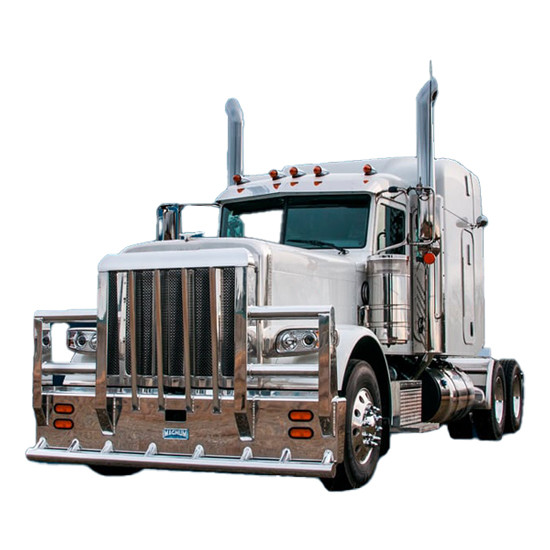 Aluminum 4 Post Sasquatch Moose Bumper W/ XL Vertical Grille Bars, Center Tow Pins For Peterbilt 388 & 389