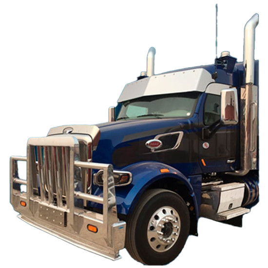 Aluminum 4 Post Grizzly Moose Bumper Guard W/ Vertical Bullet Shaped Grille Bars, Center Tow Pins & 6 Inch Oval Turn Signal Lights For Peterbilt 567 SFA
