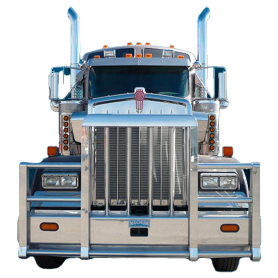 Aluminum 4 Post Moose Bumper Guard W/ Boxed Vertical Uprights, Vertical Bullet Shaped Grille Bars For Kenworth W900L