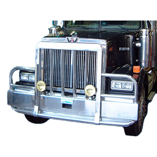 Aluminum 2 Post Set Forward Axle Moose Bumper Guard W/ Vertical Bullet Shaped Grille Bars, 1.5 Inch Tow Pin & Quick Latch For Western Star 4900SF