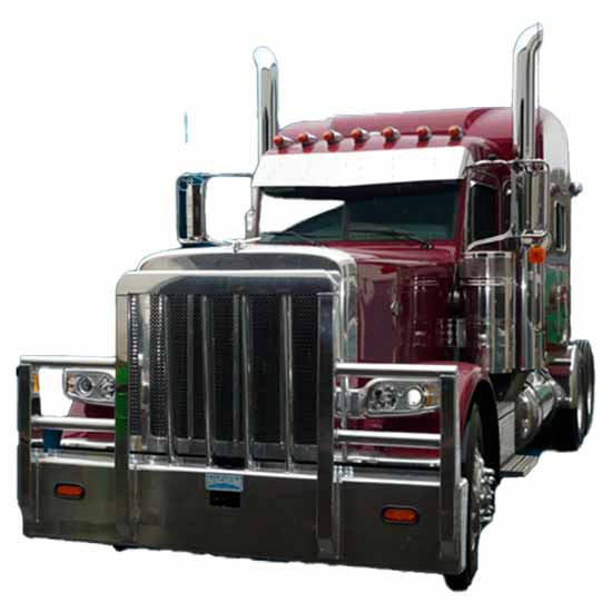 Aluminum 4 Post Texas Titan Moose Bumper Guard W/ Boxed Vertical Uprights, Vertical Bullet Shaped Grille Bars, Center Tow Pins & 6 Inch Oval Turn Signal Lights For Peterbilt 365 SFA, 367 SFA, 388, 389 & 589