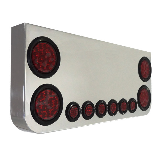 Turnpike Truck Trim Stainless Steel Rear Center Panel Round Corners 34 X 14 Inch W/ 4 Rnd 4 Inch, 6 Rnd 2 Inch Red LEDs & Red Lens