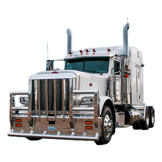 Aluminum 4 Post Sasquatch Moose Bumper Guard W/ Vertical Bars, Turn Signal Lights. Lower Rake, Lift Assist & Slam Latch For Peterbilt 388 & 389