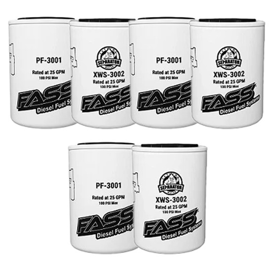FASS Drop- In Series Fuel System Filter Pack W/ 3 Extreme Water Separator Filters & 3 Particulate Filters