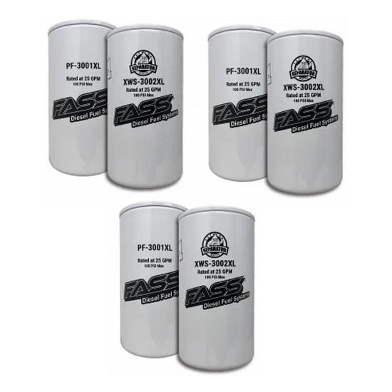 FASS Drop- In Series Fuel System Filter Pack W/ 3 Extreme Water Separator Filters & 3 Extended Life Particulate Filters