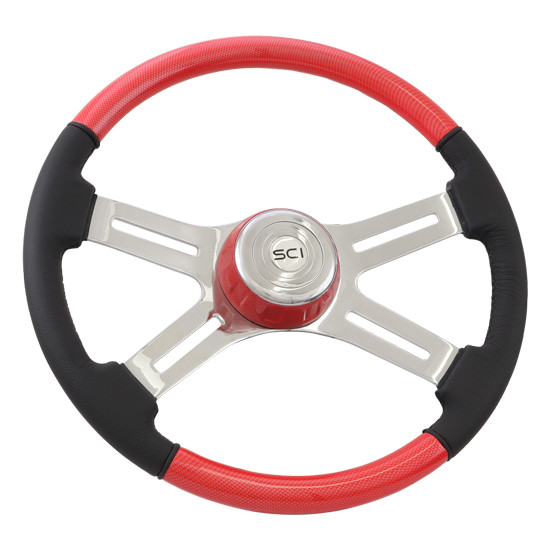 SCI Red Viper Steering Wheel W/ Painted Wood & Leather, 18 Inch 4 Spoke W/ Slot Cut Outs, Matching Bezel, Chrome Horn Button