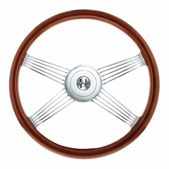 18 Inch Chrome & Wood Grain 4 Spoke Steering Wheel W/ Wire Cutout & Horn Bezel W/ Button