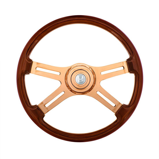 Steering Wheel 18 Inch Rose Gold 4 Spoke W/ Horn Button & Wood Grain Bezel