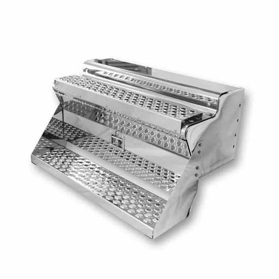 Turnpike Truck Trim Aluminum & Steel Double Step Tool Box Assembly 45 Inch W/ Top Wide Design For Kenworth W900B