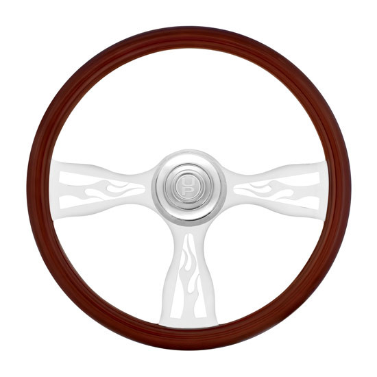 18 Inch Chrome Bezel Steering Wheel Polished Wood Rim & 3 Chrome Spokes W/ Flame Cutout Design