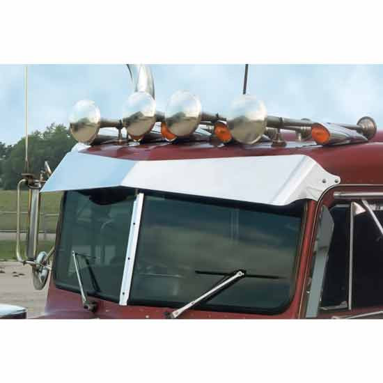 Roadworks 11 X 16 Inch Stainless Steel 2 Piece Bowtie Visor For Peterbilt 359 W/ Flat Top & Door Mounted Mirrors