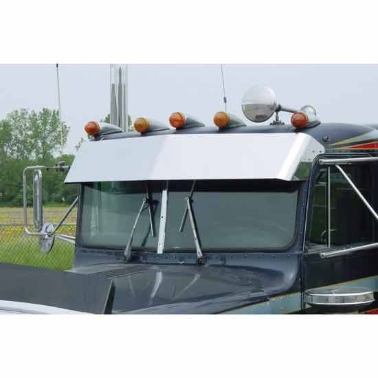 Roadworks 13 Inch Stainless Steel 2 Piece Drop Visor For Peterbilt 359 W/ Flat Top & Door Mounted Mirrors