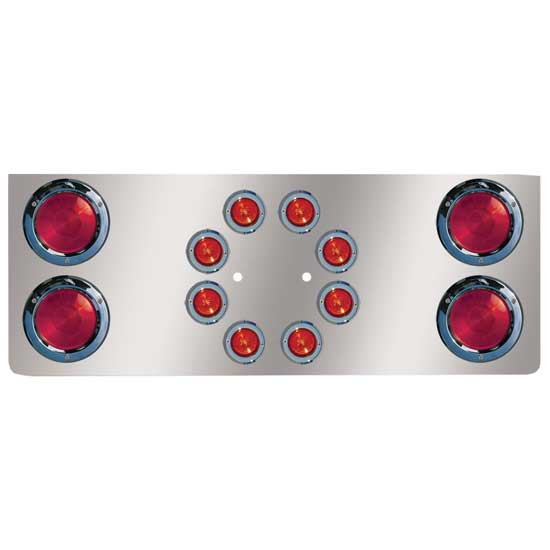 14 Inch 430 Stainless Steel Rear Center Panel W/ 4 - 4 Inch, 8 - 2 Inch Red/Red LEDs, Bezels, Logo Holes