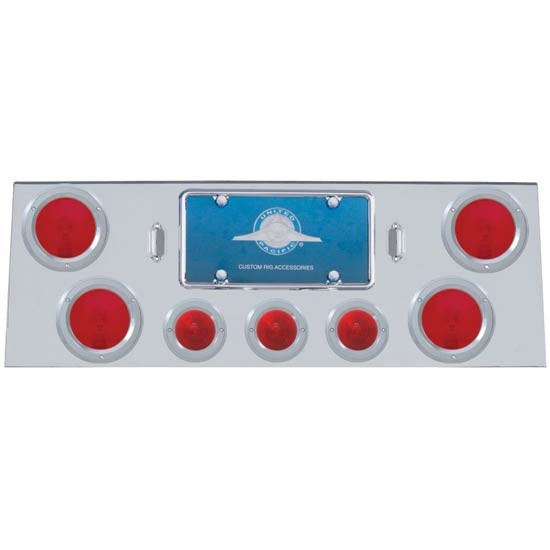 12 X 34 Inch SS Rear Center Light Panel W/ 4 - 4 Inch & 3 - 2.5 Inch Red Incandescent Lights