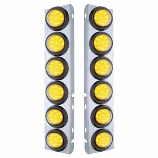 SS Front Air Cleaner Bracket W/ 12X 9 LED 2 Inch Reflector Lights & Rubber Grommet - Amber LED / Amber Lens - Pair For Peterbilt 378, 379