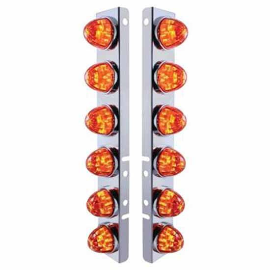 Ss Front Air Cleaner Bracket W/ 12X 17 LED Watermelon Lights & Bezels - Amber Led/ Dark Amber Lens - Pair For Peterbilt 378, 379