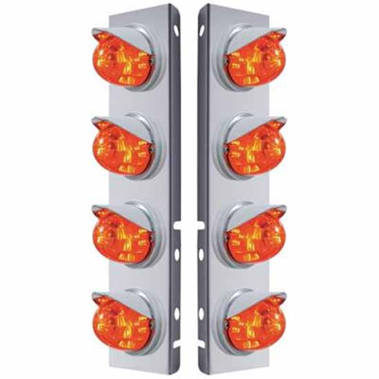 SS Front Air Cleaner Bracket W/ 8X 17 LED Watermelon Lights & Visors - Amber Led/ Dark Amber Lens - Pair For Peterbilt 378, 379
