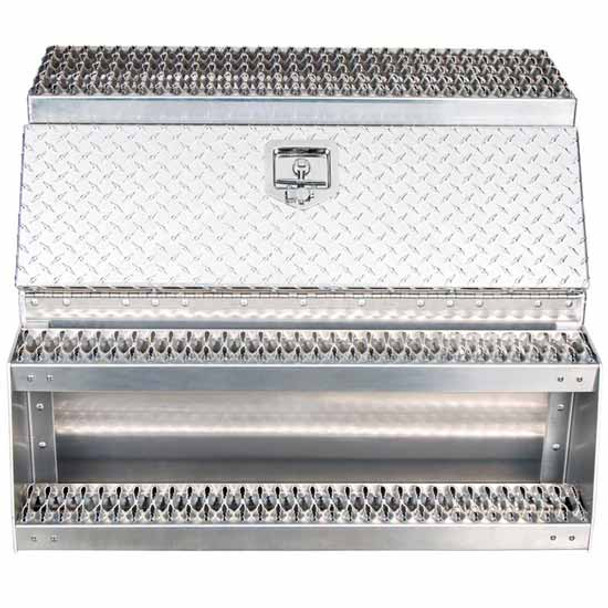 Diamond Plate Aluminum Step Saddle Box, 36 x 25 x 28 Inch W/ Polished Side/Back Panels