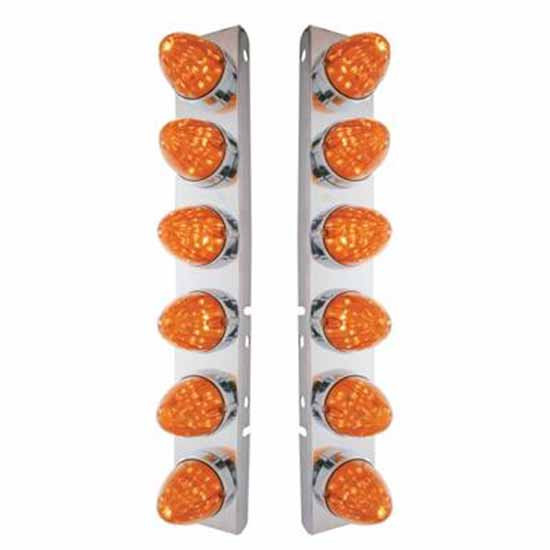 SS Front Air Cleaner Bracket W/ 12X 19 LED Watermelon Lights & Bezels - Amber Led/ Dark Amber Lens - Pair For Peterbilt 378, 379