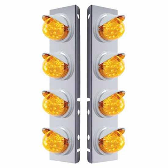 SS Front Air Cleaner Bracket W/ 8X 17 LED Dual Function Reflector Lights & Visors - Amber Led/ Amber Lens - Pair For Peterbilt 378, 379