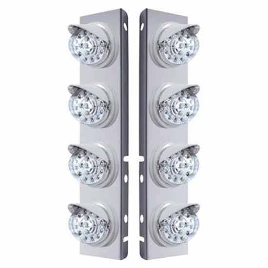 SS Front Air Cleaner Bracket W/ 8X 17 LED Dual Function Reflector Lights & Visors - Amber Led/ Clear Lens - Pair For Peterbilt 378, 379