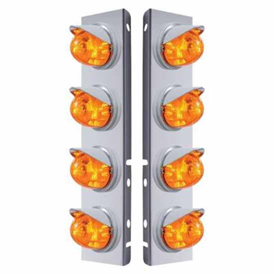 SS Front Air Cleaner Bracket W/ 8X 17 LED Watermelon Lights & Visors - Amber Led/ Amber Lens - Pair For Peterbilt 378, 379