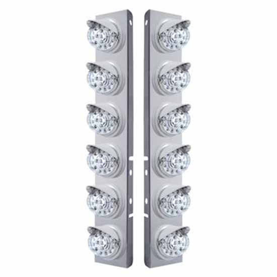 SS Front Air Cleaner Bracket W/ 12X 17 LED Dual Function Reflector Lights & Visors - Amber Led/ Clear Lens - Pair For Peterbilt 378, 379