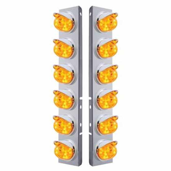 SS Front Air Cleaner Bracket W/ 12X 17 LED Dual Function Watermelon Lights & Visors - Amber Led/ Amber Lens - Pair For Peterbilt 378, 379